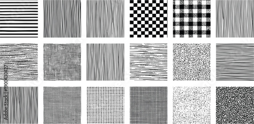 Collage of various black and white patterns displayed in a grid arrangement showcasing diverse textures and designs