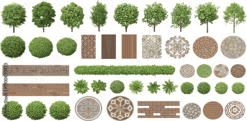 Collection of various trees, plants, and wooden elements arranged in a grid layout for landscape design