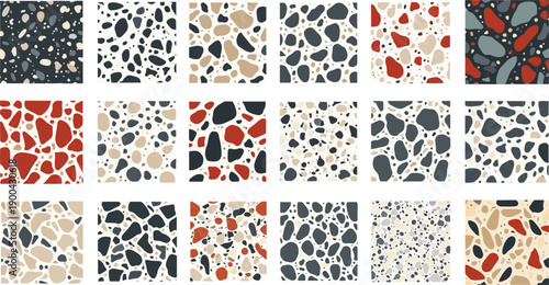 Collage of terrazzo patterns with various stone shapes and colors displayed in a grid layout