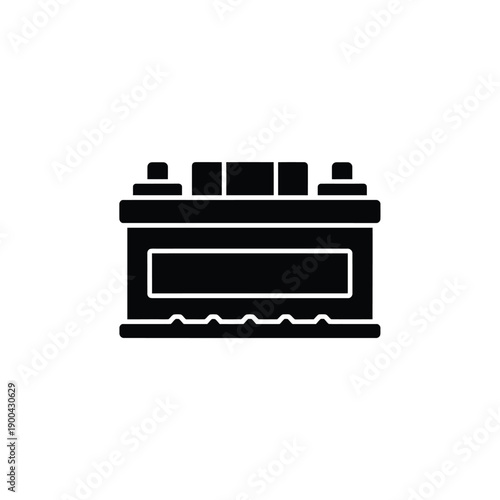 A black and white illustration of a car battery with a rectangular shape and terminal posts