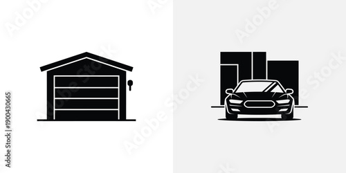 A black and white illustration of a car parked in front of a building