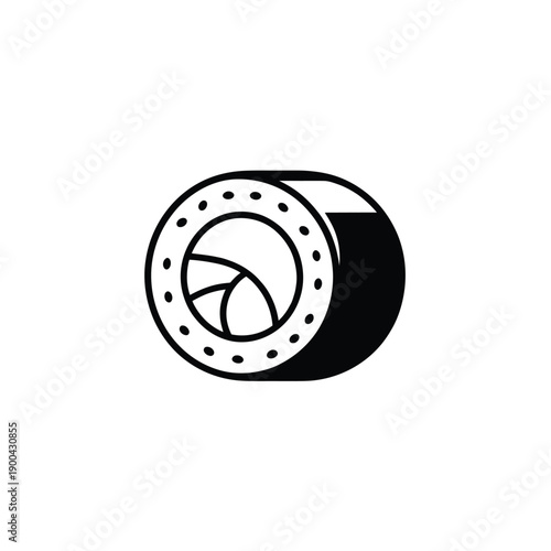 A black and white illustration of a sushi roll with a dotted border