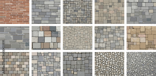 A diverse collection of stone and tile textures displayed in a grid pattern, featuring various materials and designs