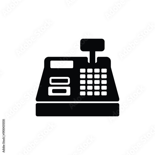 A black and white image of a cash register on a white background
