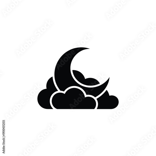 A black crescent moon icon sitting on top of fluffy clouds in the night sky