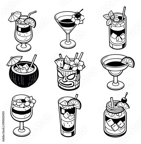 Hand drawn line art cocktail drinks set featuring various tropical and classic beverages with garnishes for summer parties