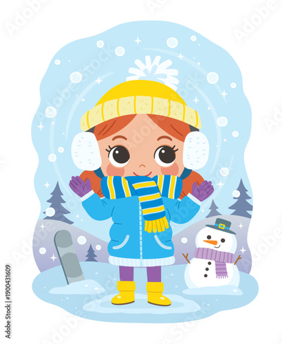 Happy girl in winter clothes playing in the snow with a snowman vector.