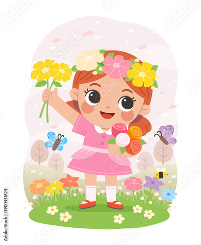Cute little girl holding flowers in a blooming spring garden vector illustration.