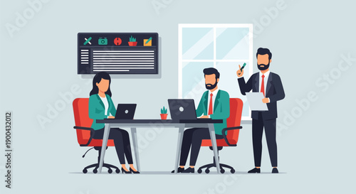 Business team collaboration in a modern office meeting room. A manager stands giving directions to two seated employees working on laptops, with a digital dashboard display on the wall.