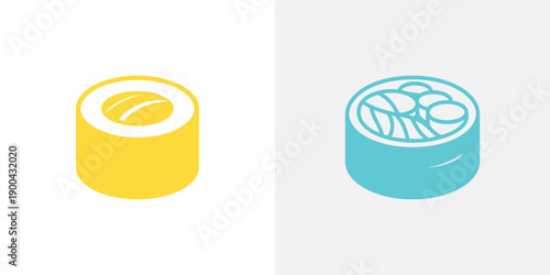 A colorful illustration of sushi rolls in yellow and blue on a white background