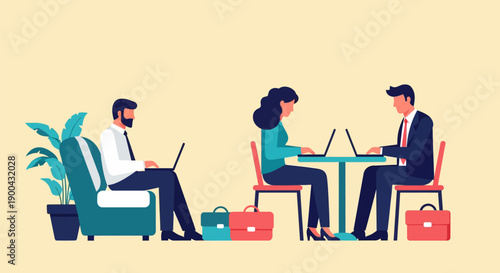 Flat vector illustration of three diverse business professionals working on laptops in a modern co-working space, featuring remote work setup with chairs, a table, and briefcases.