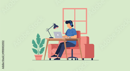 Detailed flat vector illustration of a young person working remotely on a laptop at a home office desk, sitting in a comfortable chair with headphones and a plant.