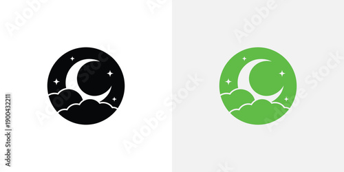 A green icon of a crescent moon with stars and clouds at night