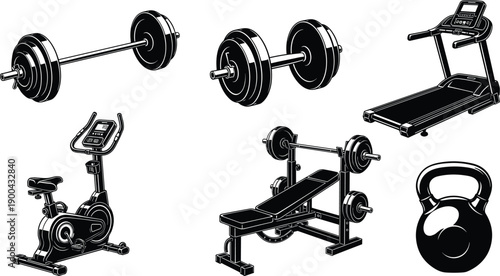 Gym fitness equipment silhouettes with dumbbells treadmill exercise bike bench press kettlebell, black vector illustration isolated on white background design set