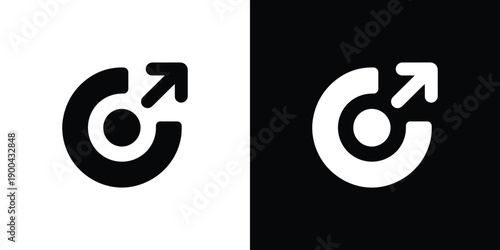 A white and black logo with a male symbol and circular arrow on two tone background