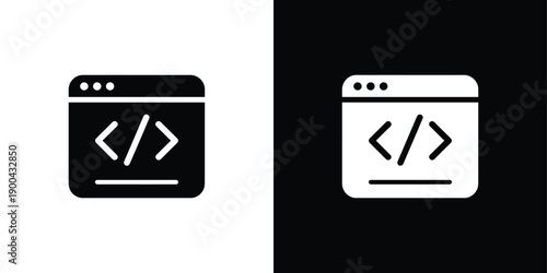 A white browser window icon with HTML code symbol on a black background