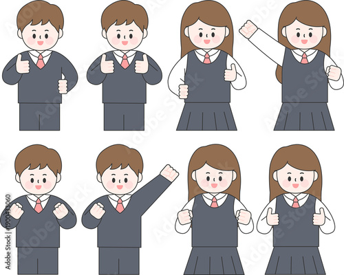 High School Students Showing Positive Hand Gestures Illustration Set2