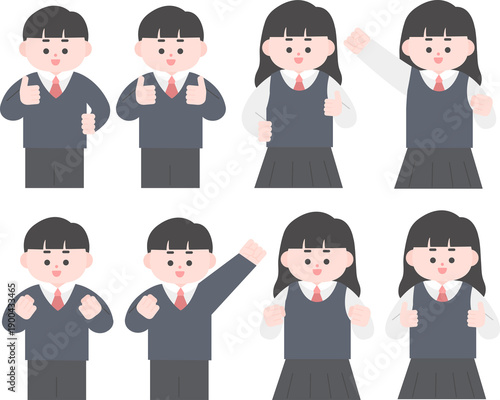 High School Students Showing Positive Hand Gestures Illustration Set1