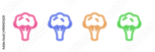 Neon glowing broccoli vector icons set, healthy, food, vegetable, diet, organic, nutrition, fresh, glowing colorful outline illustration.