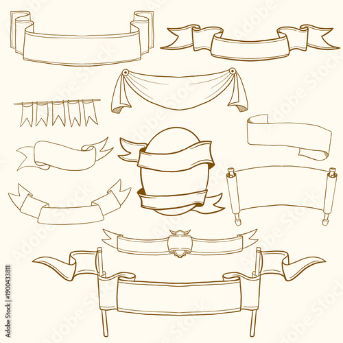 A set of various hand-drawn banners in outline style, Doodle Ribbon Banners.