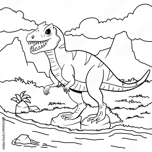 Hand drawn cartoon image of Allosaurus dinosaur with outline style and white background, suitable for coloring book