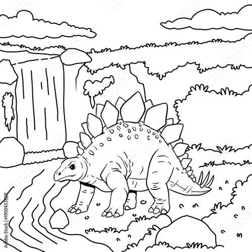 Hand drawn cartoon image of Stegosaurus dinosaur with outline style and white background, suitable for coloring book