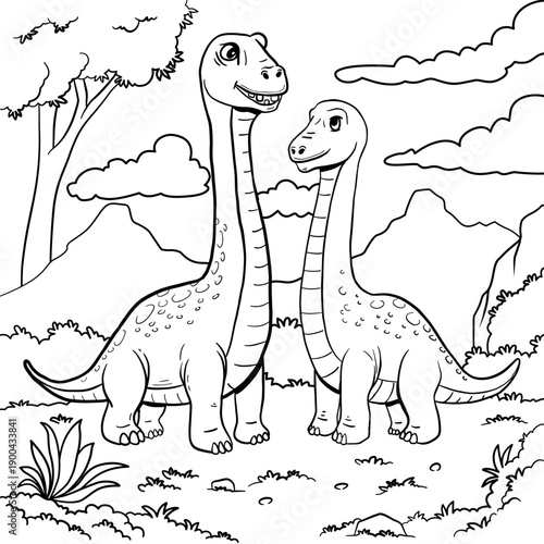 Hand drawn cartoon image of Apatosaurus dinosaur with outline style and white background, suitable for coloring book
