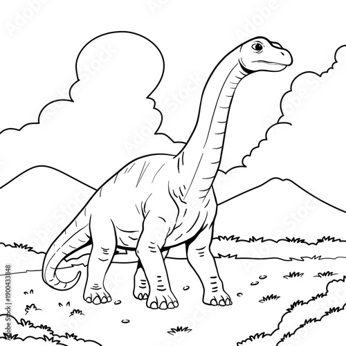 Hand drawn cartoon image of Brachiosaurus dinosaur with outline style and white background, suitable for coloring book