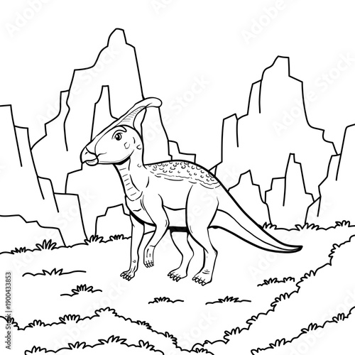 Hand drawn cartoon image of parasaurolophus dinosaur with outline style and white background, suitable for coloring book