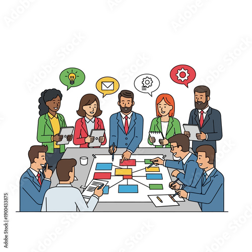 Diverse business team collaborating on strategy at a modern boardroom table with flowcharts.