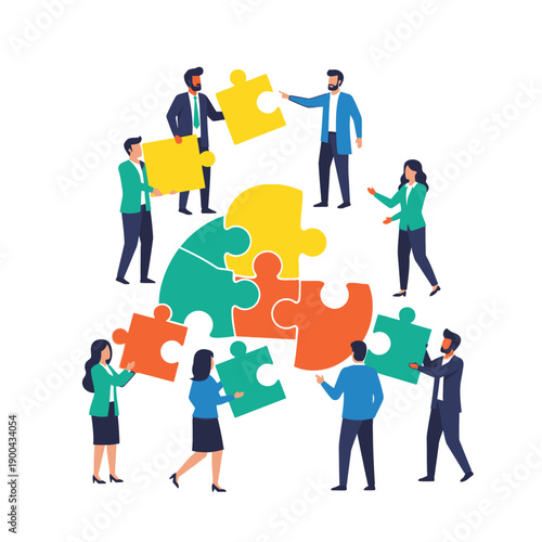Diverse team assembling colorful puzzle pieces, teamwork and collaboration concept