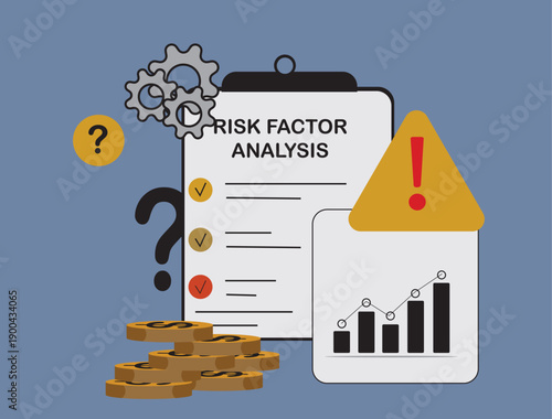 Comprehensive risk factor analysis illustration featuring a checklist, financial growth chart, warning sign, and coins. Perfect for business management, audit, and financial safety concepts.