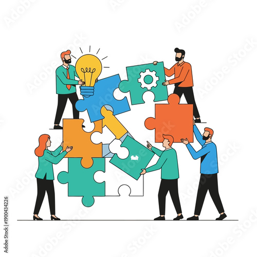 Teamwork assembling jigsaw puzzle with lightbulb idea, business collaboration concept