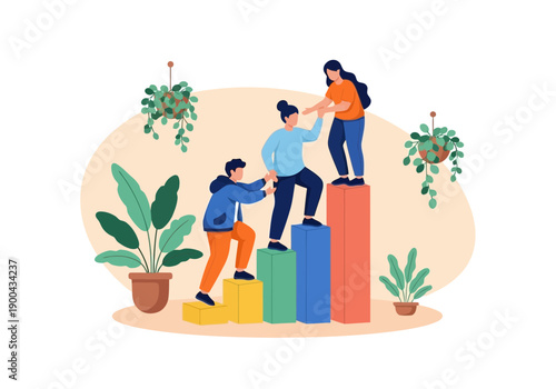 People helping each other to climb up a stack of colorful bars