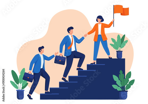 Business people climbing stairs with flag teamwork concept illustration