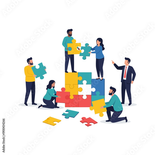 Teamwork assembling puzzle pieces, business collaboration and strategy concept
