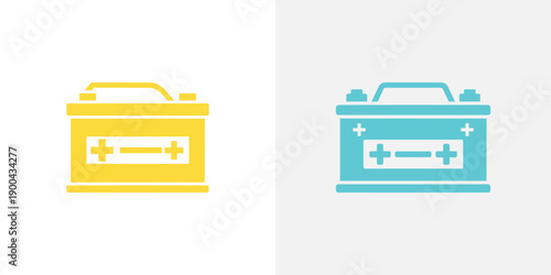 Two car batteries in yellow and cyan colors with plus and minus signs