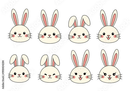 Cute Bunny Faces Illustration Set in Kawaii Cartoon Style