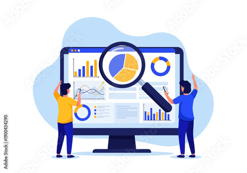 Two people analyzing data on a large computer screen