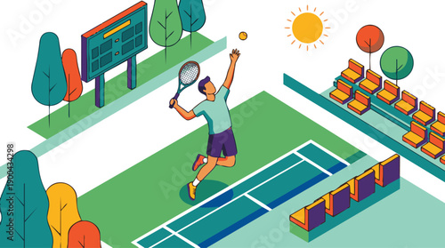 Tennis Player Forehand Shot

A flat vector illustration of a tennis player hitting a forehand shot. Dynamic posture, motion lines, net and court visible. Flat vector style, energetic sports action.
