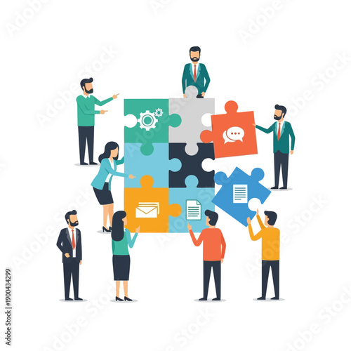 Teamwork assembling puzzle with business icons, collaboration concept