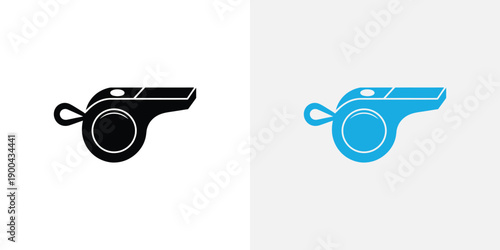 Two colored whistles in black and blue on white background for sports and referee usage