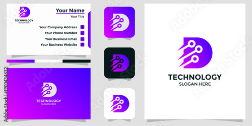 Modern Letter D Tech Logo Design with Circuit Nodes and Data Speed Concept for Software, Startup, and Digital Branding