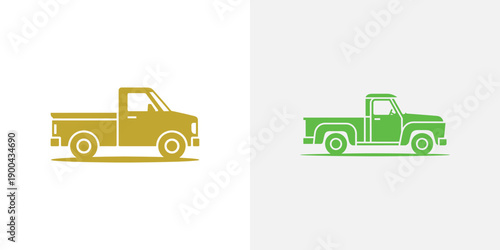 Two trucks in different colors are shown side by side on a white background