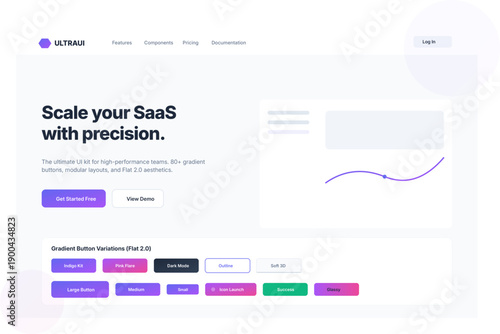 "A sleek, modern landing page showcase featuring a SaaS-focused UI kit. The visual mood is professional, efficient, and forward-thinking, utilizing a clean 'Flat 2.0' aesthetic. The composition high