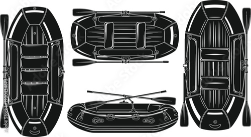 Inflatable rafting boat set, black and white rubber dinghy icons, water sports equipment, river rowing vessels, vector boat silhouettes, adventure.