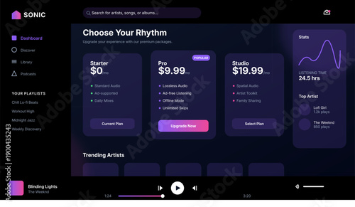 "The visual mood is sleek, futuristic, and immersive. A sophisticated dark mode aesthetic is punctuated by vibrant neon purple and pink gradients, creating a high-energy tech atmosphere. The layout 