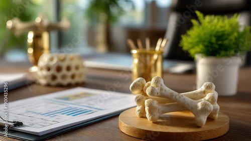 Modern office desk with decorative bones and business documents