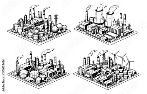 Hand drawn isometric line art factory and power plant set featuring industrial buildings, smokestacks, cooling towers, and wind turbines for energy production and manufacturing