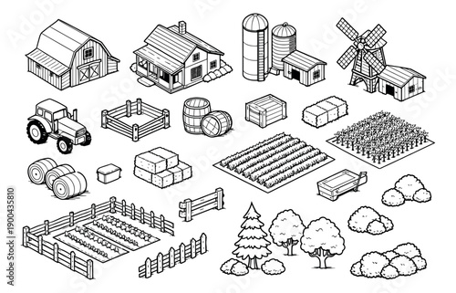 Hand drawn isometric line art farm elements set featuring barn, farmhouse, tractor, and crops for agricultural designs